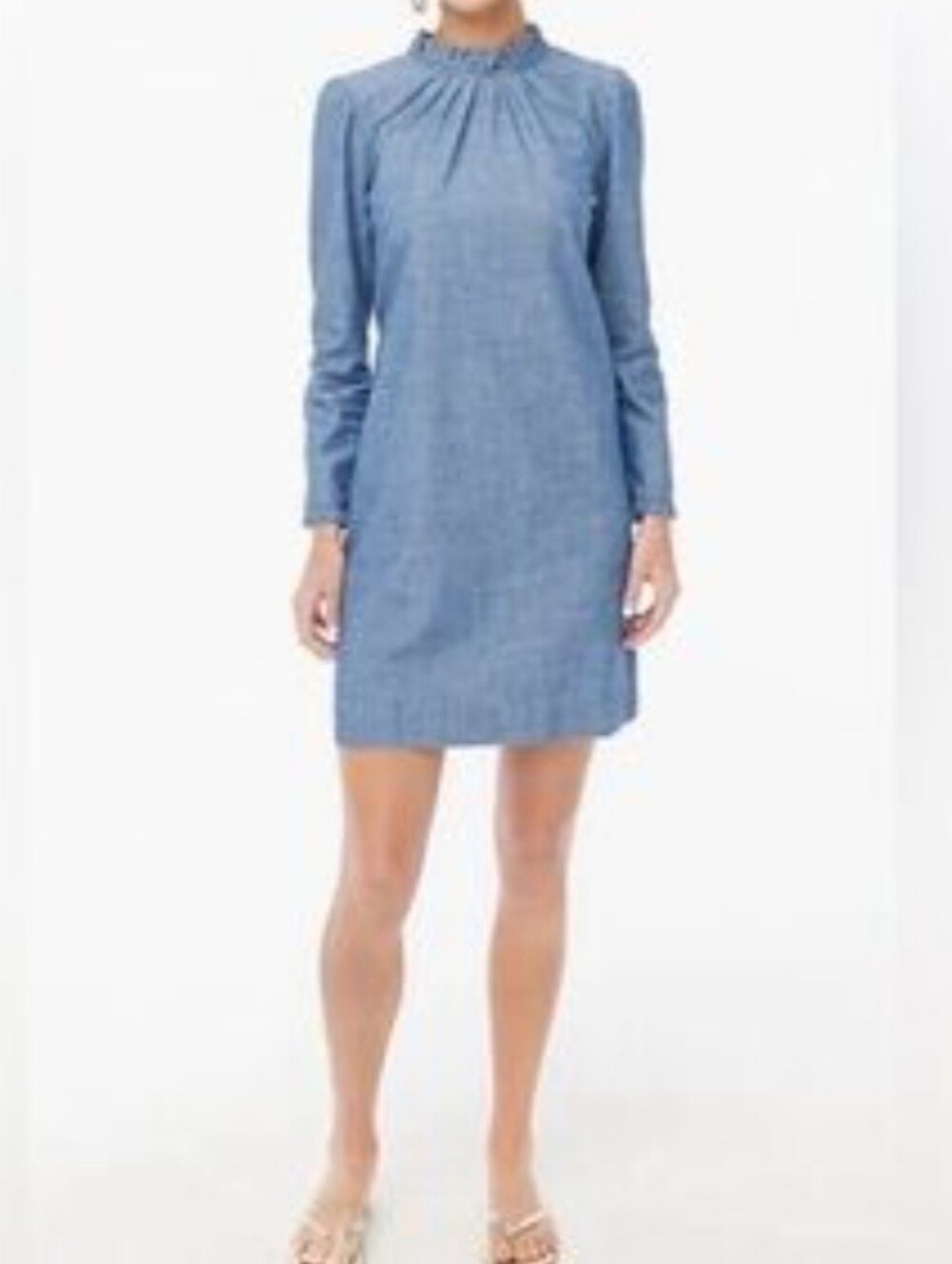 J. Crew 100% Cotton Chambray Modest Cottage Ruffle Neck Long Sleeve Midi Dress